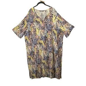 Ulla Popken Plus Size Dress Botanical V-Neck Linen Blend Womens 20/22 Pockets